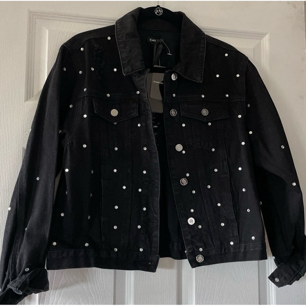 BEBE black denim jean jacket distressed with rhinestones